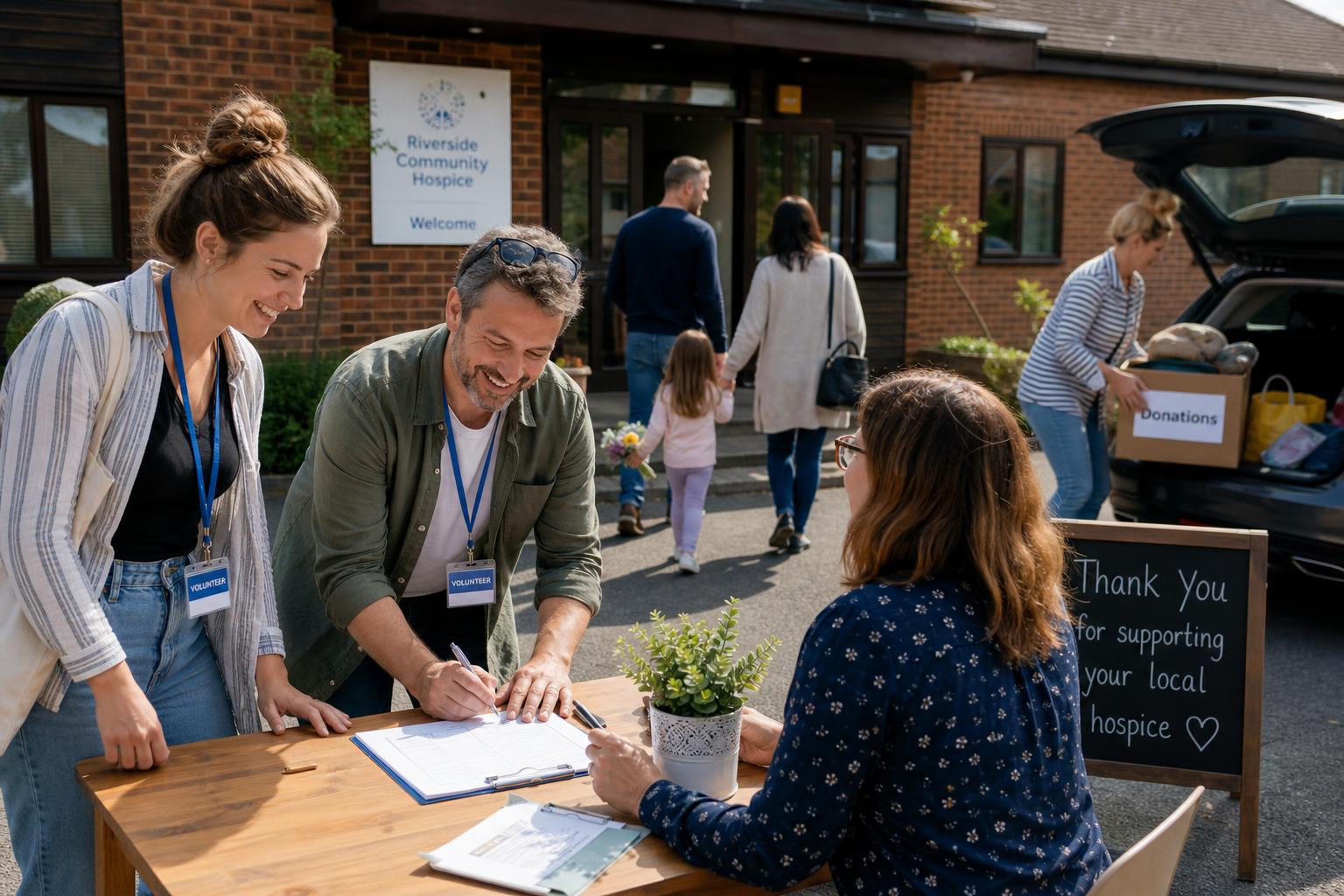 Volunteers signing up while families visit loved ones and donations are dropped off at the hospice