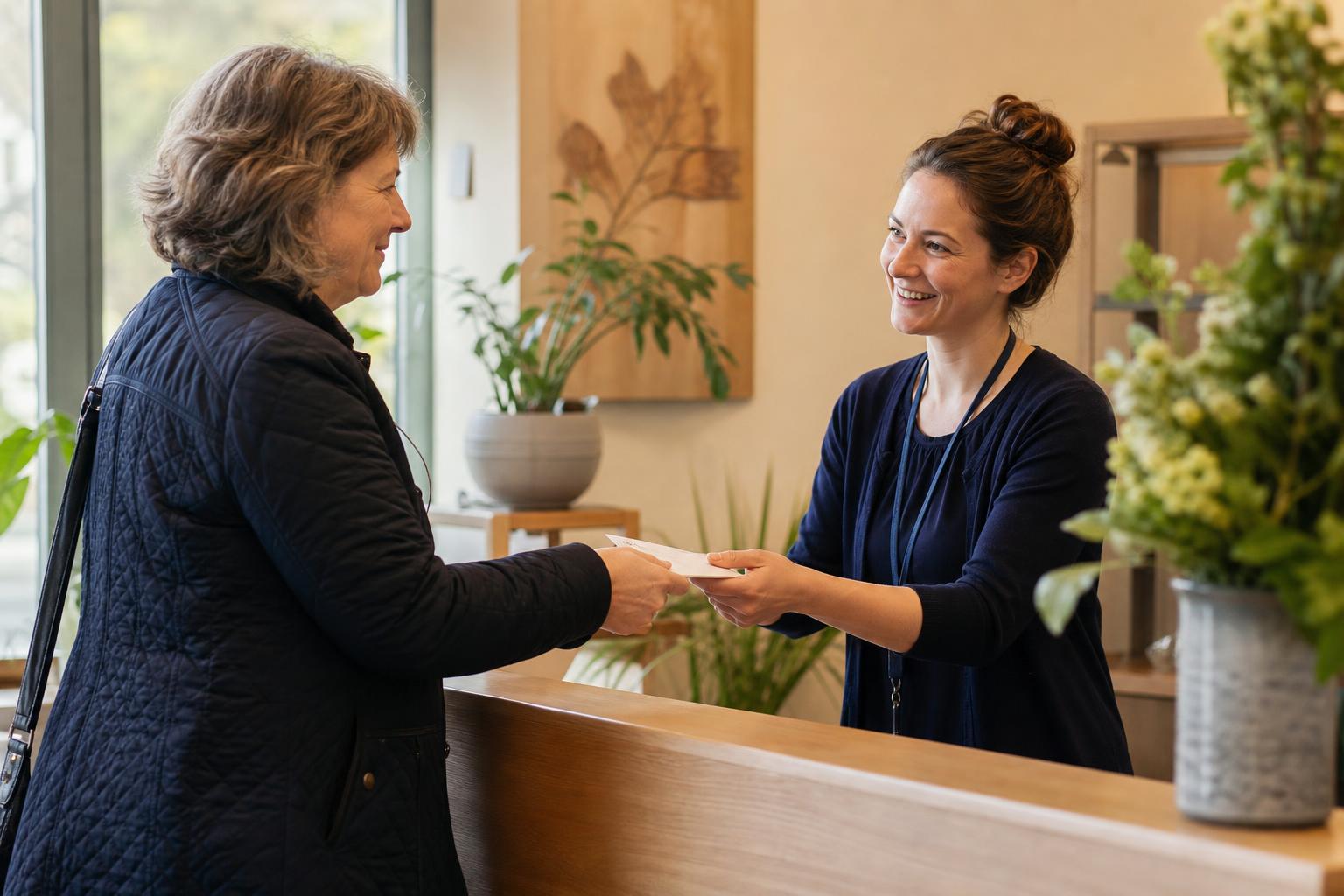 A donor writing a cheque at the hospice reception while a friendly staff member assists