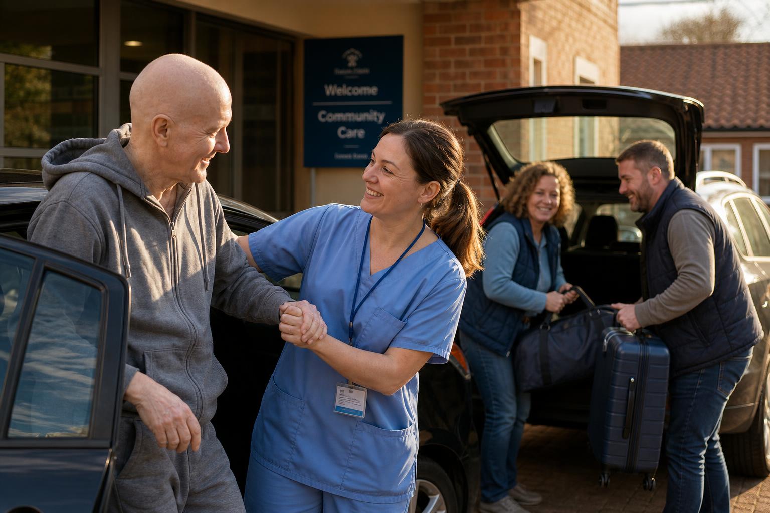 Healthcare workers and volunteers helping a patient arrive at the care facility