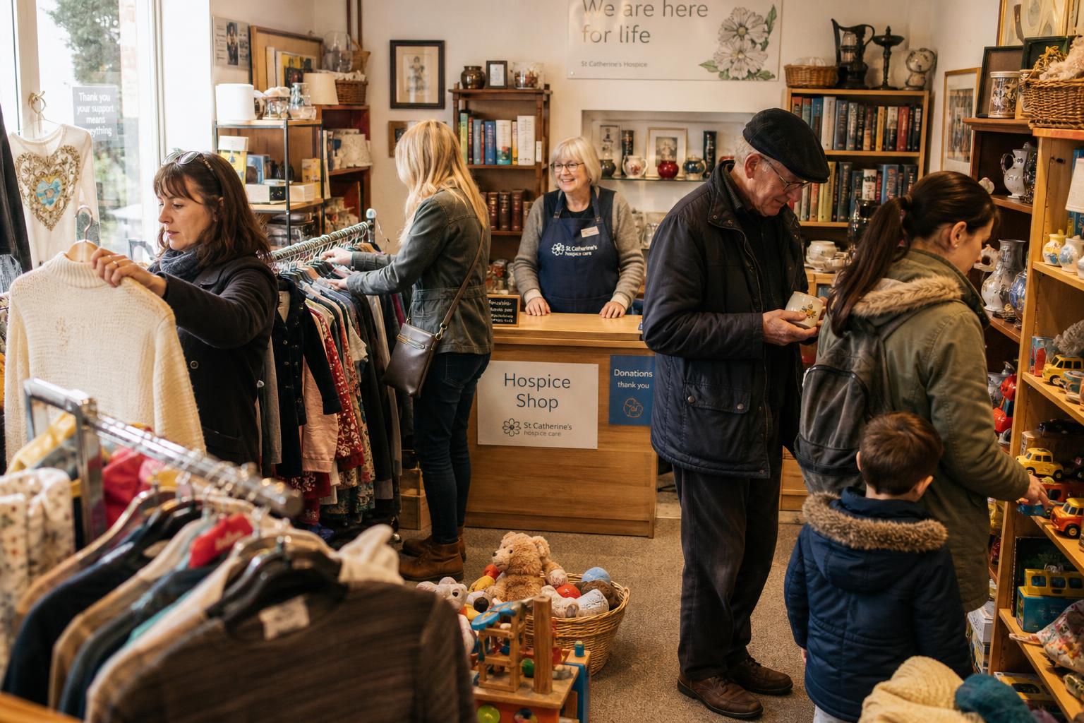 Shoppers browsing pre-loved clothing and items in the hospice second-hand donation shop