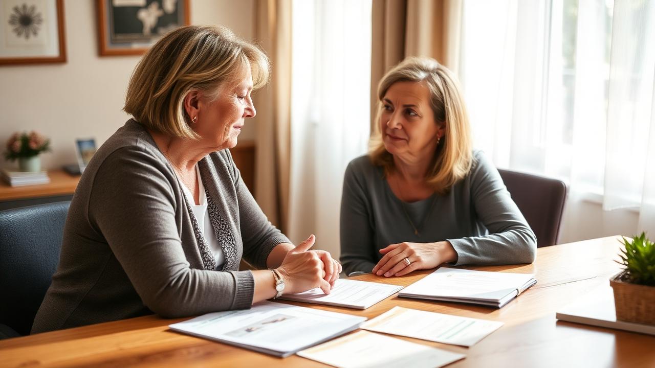 Hospice coordinator speaking with a family member at a desk