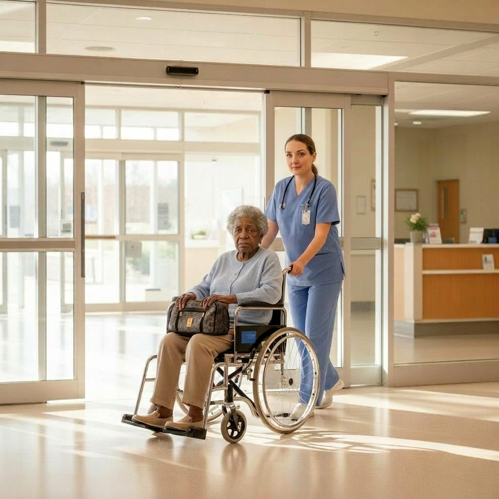 Patient being admitted to a hospital ward with a nurse beside the bed