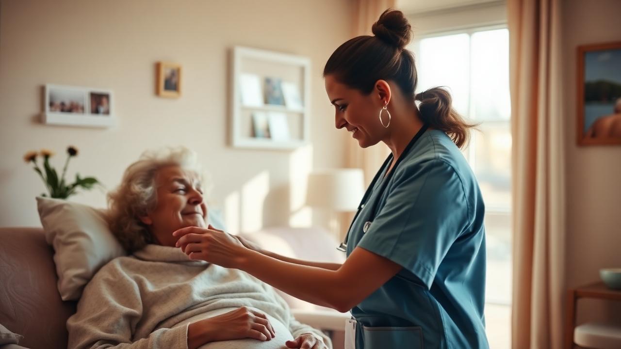 Hospice nurse checking on a patient in a calm care room