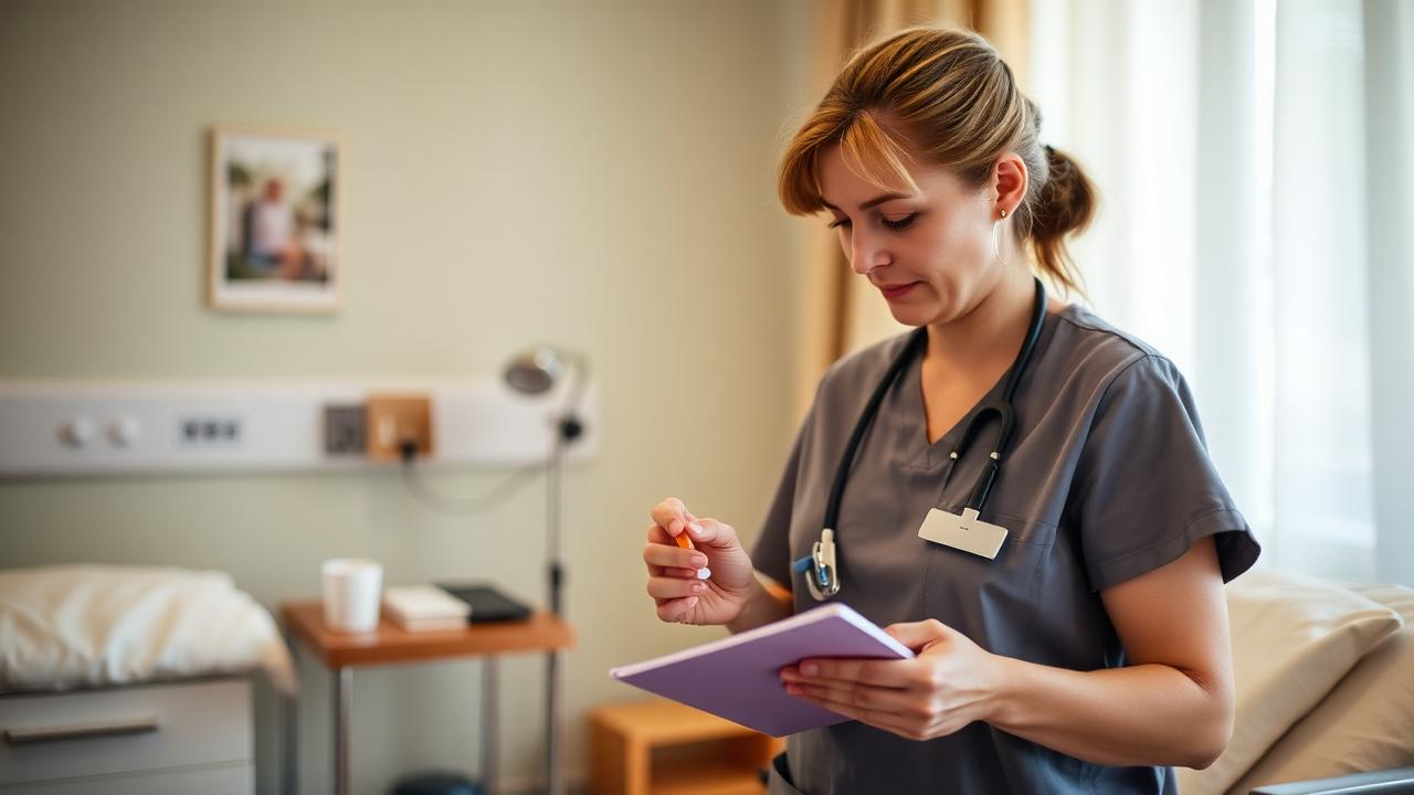 Nurse preparing medication and notes for a patient